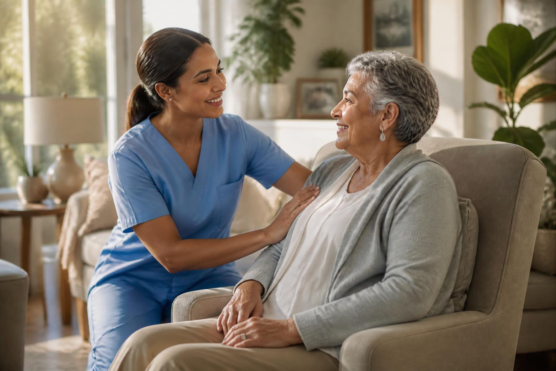 Caregiver compassionately assisting an elderly woman at home